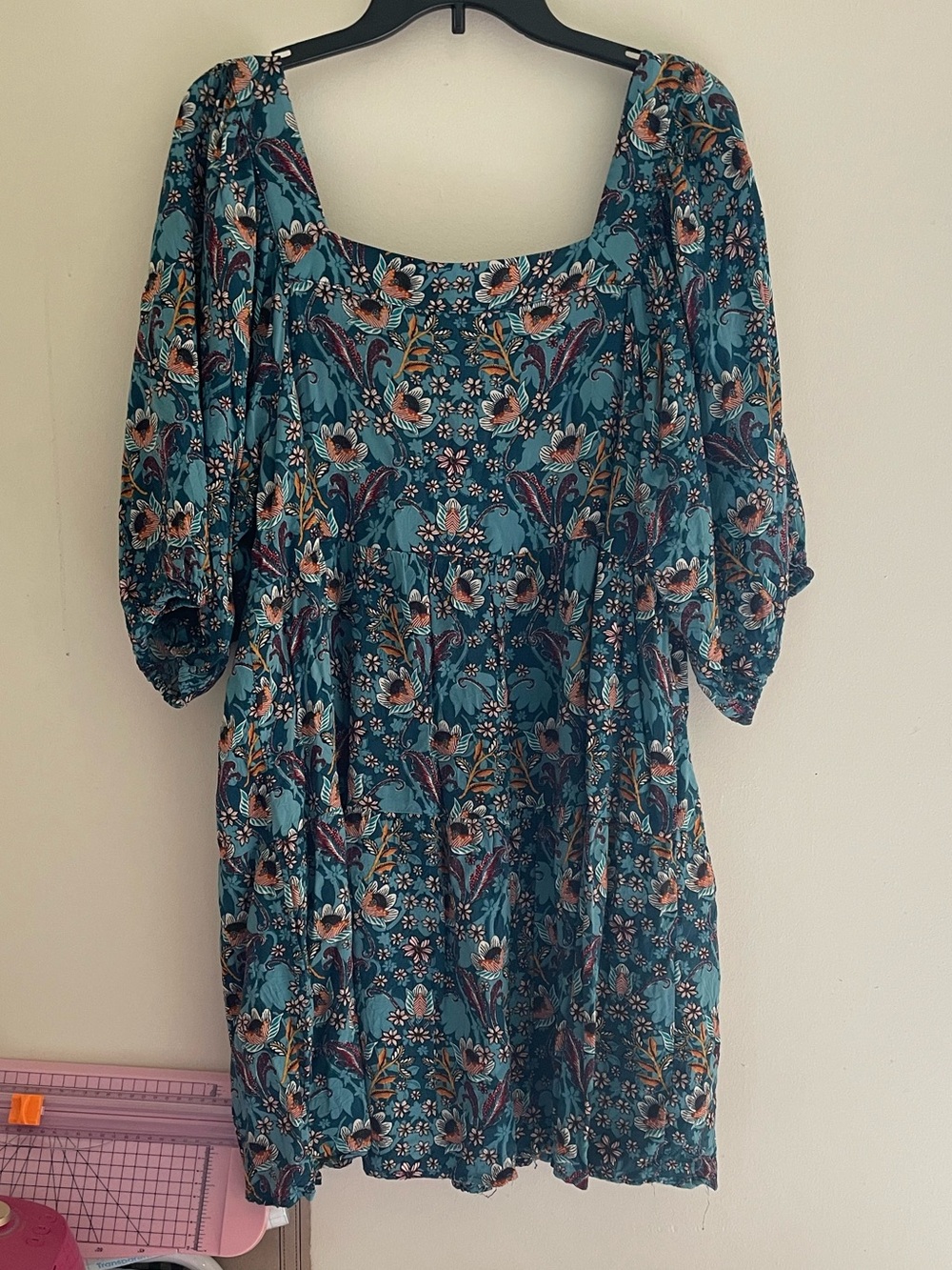 Floral Square-Neck Teal Puff-Sleeve Women’s Dress